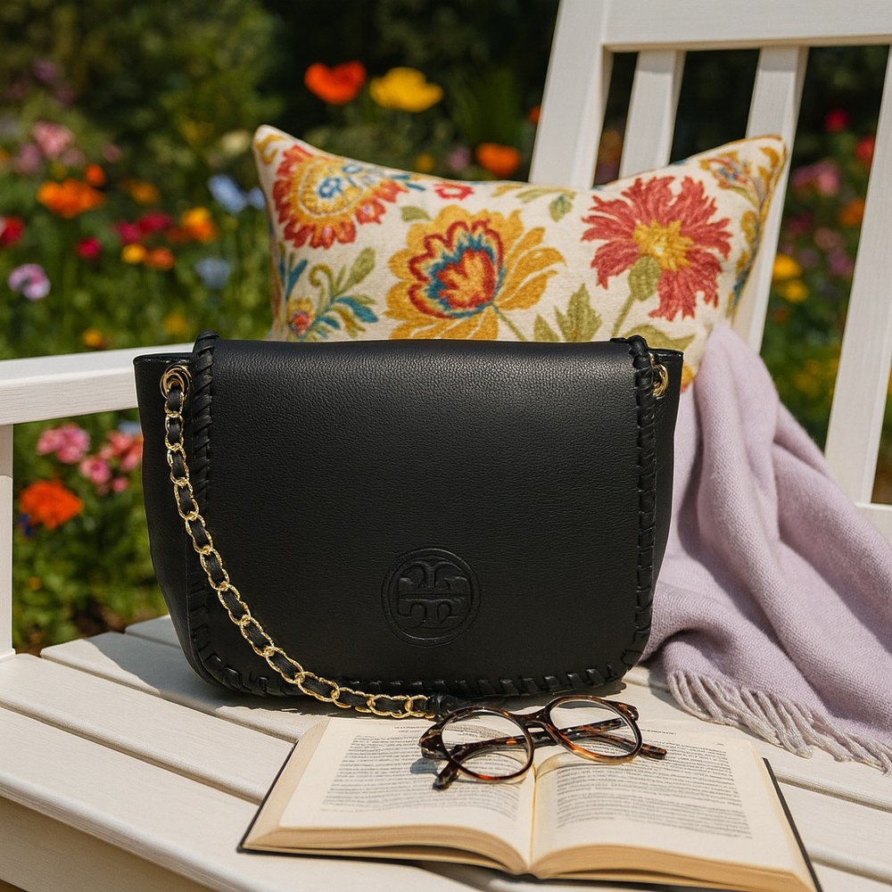 Tory Burch Marion Classic Black Leather Small Flap Shoulder Bag/Crossbody Bag